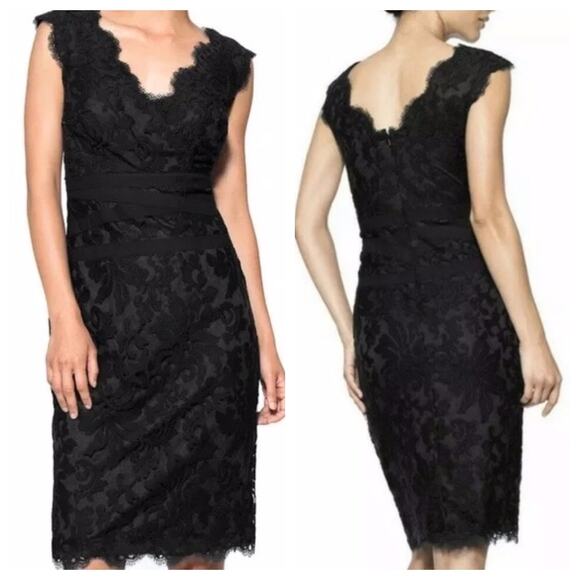 Tadashi Shoji Embroidered Lace V-Neck Cocktail Dress Sz 4 Black Ribbon Waist - Picture 6 of 12